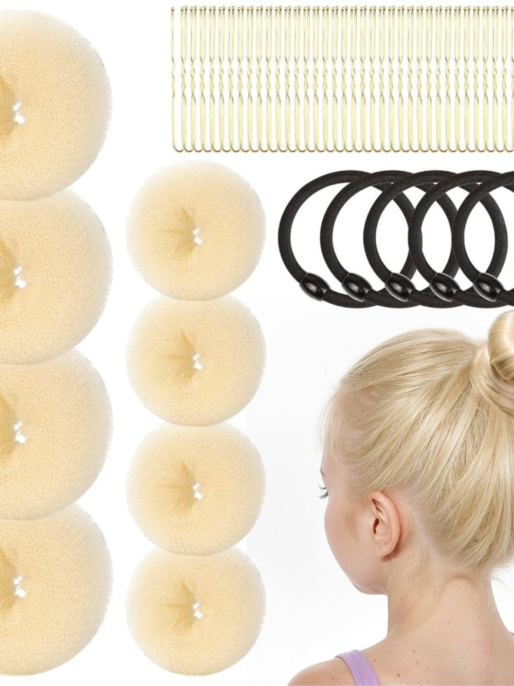 Hair Donuts Bun Maker Set - 4 Small & 4 Extra Small Ballet, with Elastic Ties, H